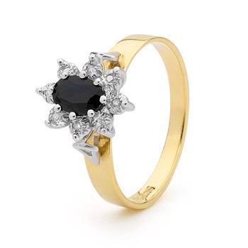 Gullfingerring, blomst av mørk safir og 8 stk. 0,005 ct diamanter