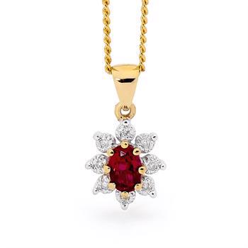 Klassisk rubin -anheng med 8 diamanter, 9,5 x 10,8 mm