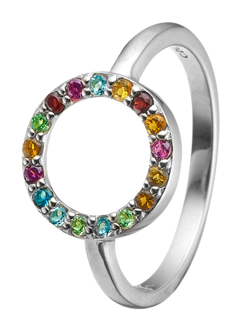 Christina Collect Word-mål i sterling sølv Vakker ring med sirkel besatt med 17 forskjellige ekte steiner, ringstørrelser fra 49-61