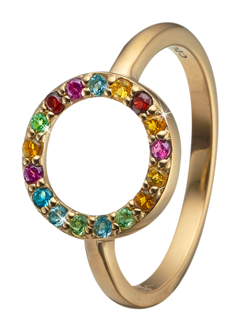 Christina Samle forgylte ordmål i sterling sølv Vakker ring med sirkel besatt med 17 forskjellige ekte steiner, ringstørrelser fra 49-61