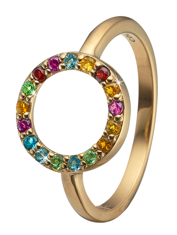 Christina Samle forgylte ordmål i sterling sølv Vakker ring med sirkel besatt med 17 forskjellige ekte steiner, ringstørrelser fra 49-61