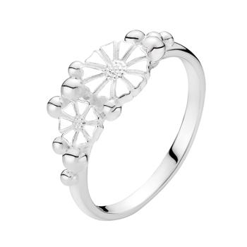 Marguerit ring i sølv m/ kugler og hvid emalje - Lund (str 56)