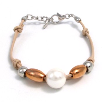 Esprit beige skinnarmbånd med perler og røde forgylte sølvkuler