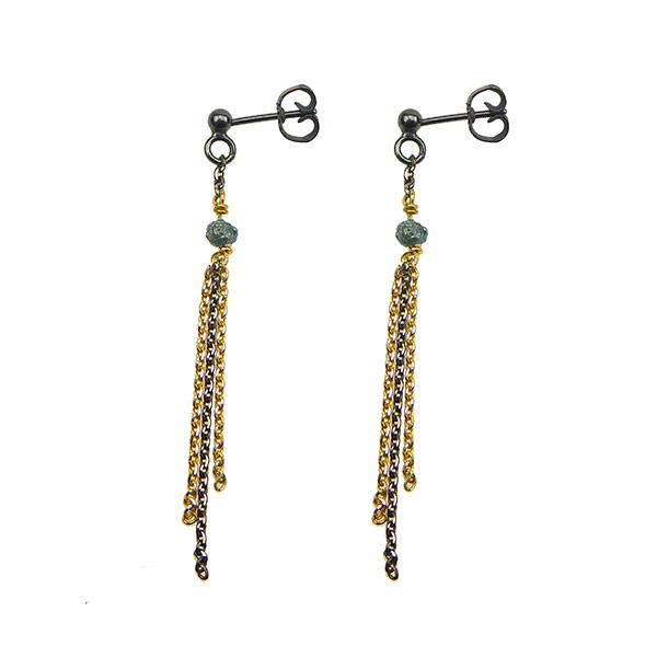 Earrings - Goldplated/Black Rhodium w. blue-green Raw Diamonds Sort rhodineret/forgyldt pr.par, fra San - Links of Joy