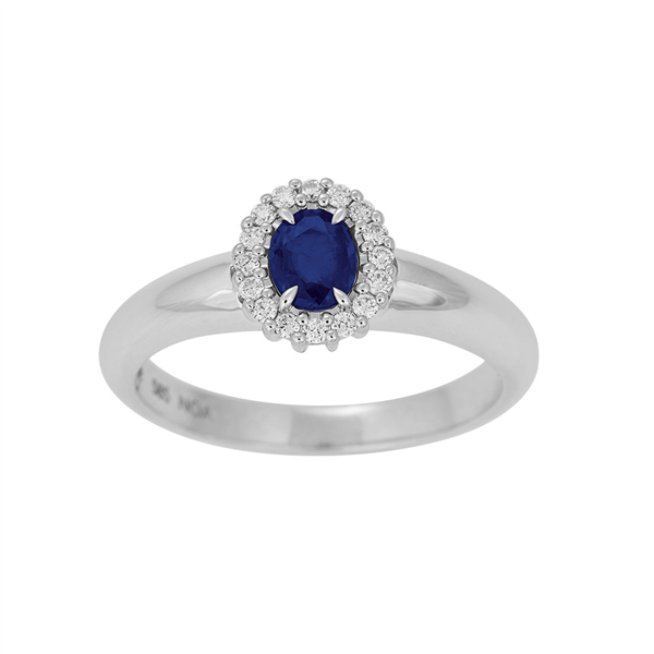 14 kt. guldring m/safir og dia 0.11ct W/SI, fra Siersbøl
