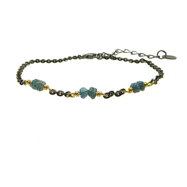 Bracelet & Necklace - Black Rhodium/Gold plated w. blue-green Raw Diamonds 18+4cm, fra San - Links of Joy
