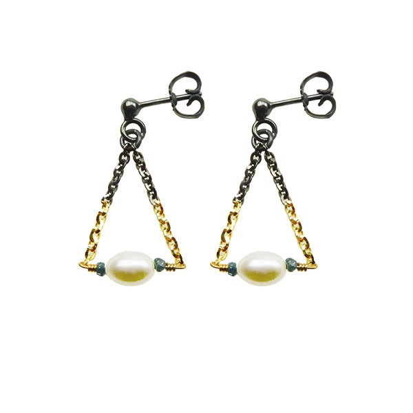 Earrings 925/585 - Oxidised  w.Pearls & Blue Diamonds Pr.par, fra San - Links of Joy