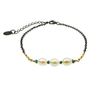 Bracelet & Necklace 925/585 -Oxidised w.Pearls & Blue Diamonds 18+4cm, fra San - Links of Joy