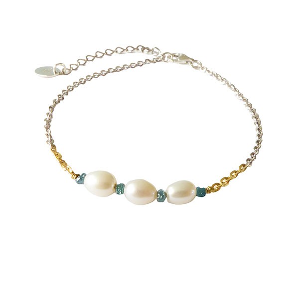 Bracelet & Necklace 925/585 - Rhodium w.Pearls & Blue Diamonds 42+8cm, fra San - Links of Joy