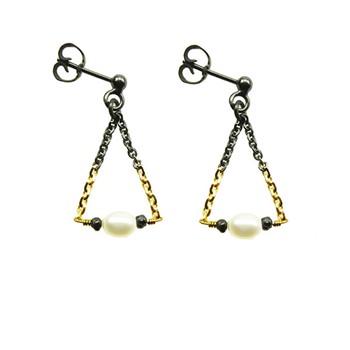Earrings 925/585 - Oxidised w.Pearls & Black Diamonds Pr.par, fra San - Links of Joy
