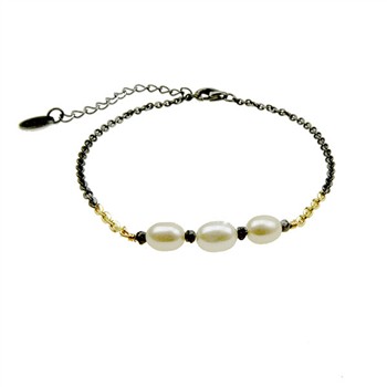 Bracelet & Necklace 925/585 - Oxidised w.Pearls & Black Diamonds 42+8cm, fra San - Links of Joy