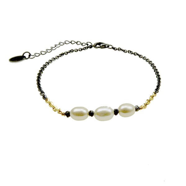 Bracelet & Necklace 925/585 - Oxidised w.Pearls & Black Diamonds 16+4cm, fra San - Links of Joy