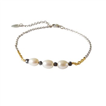 Bracelet & Necklace 925/585 -Rhodium w. Pearls & Black Diamonds 16+4cm, fra San - Links of Joy