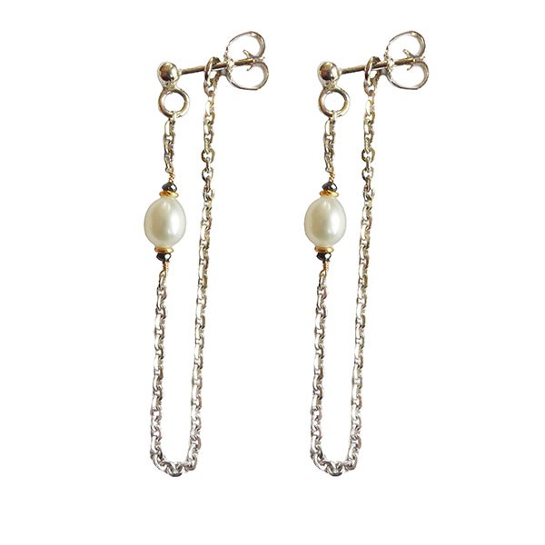 Earrings 925/585 -Rhodium w.Pearls & Black Diamonds Pr.par, fra San - Links of Joy