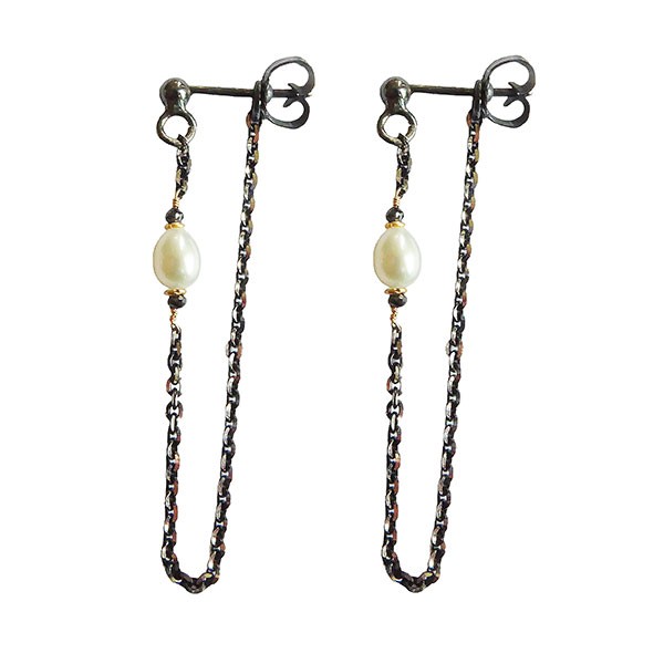 Earrings 925/585 - Black Rhodium w.Pearls & Black Diamonds Pr.par, fra San - Links of Joy