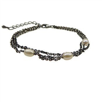 Armbånd & halskæde - 3 rk.Sort Rhodineret & Ferskvandsperler 18+4cm, fra San - Links of Joy