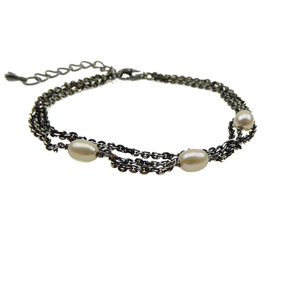 Armbånd & halskæde - 3 rk.Sort Rhodineret & Ferskvandsperler 18+4cm, fra San - Links of Joy