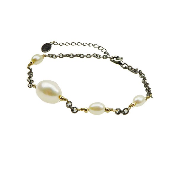 Armbånd & halskæde i sterlingsølv med 9kt guld & ferskvandsperler 42+8cm, fra San - Links of Joy