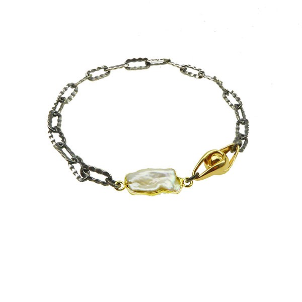 Armbånd & halskæde - Oxyderet/Forgyldt m.Magnetlås & Barok Perle 18cm, fra San - Links of Joy