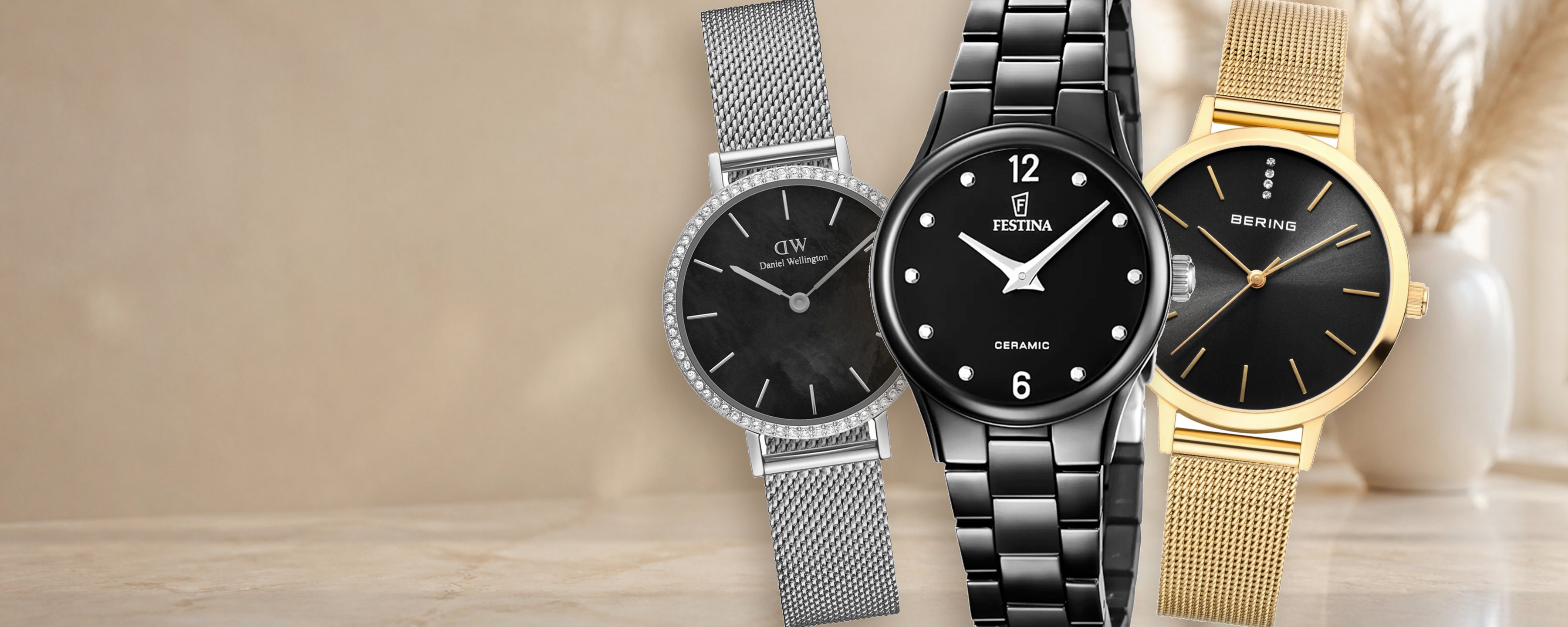Svarte dameklokker fra Daniel Wellington, Festina og Bering
